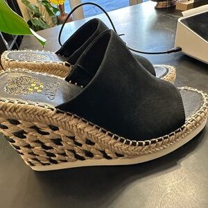 Vince Camuto Black and Tan Wedge Sandals